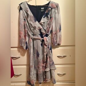 DKNY Gray and Pink Ruffled Wrap Sundress 12 medium